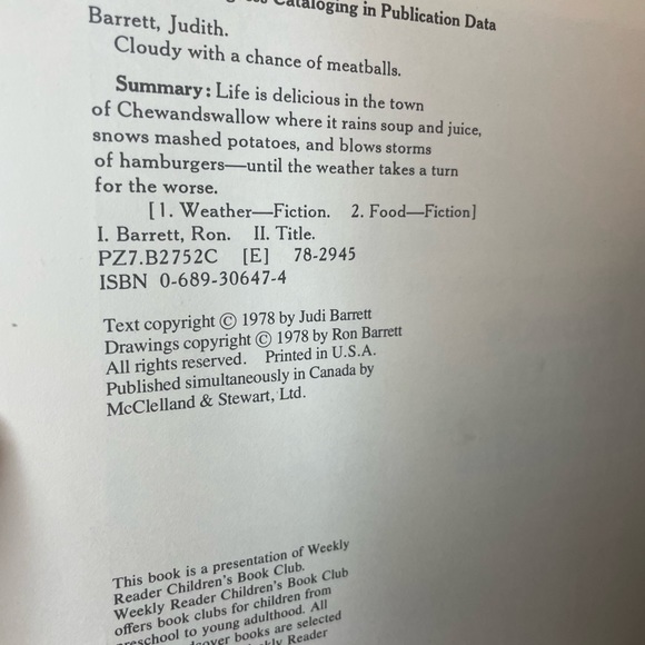 Vintage 1978 Cloudy With a Chance of Meatballs Hardcover Book - Picture 6 of 8